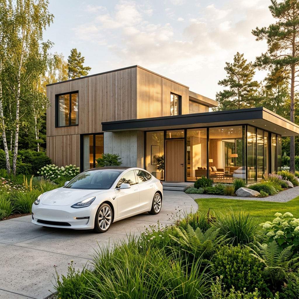 EV Lifestyle Gallery — Minimalist electric vehicle in sustainable setting